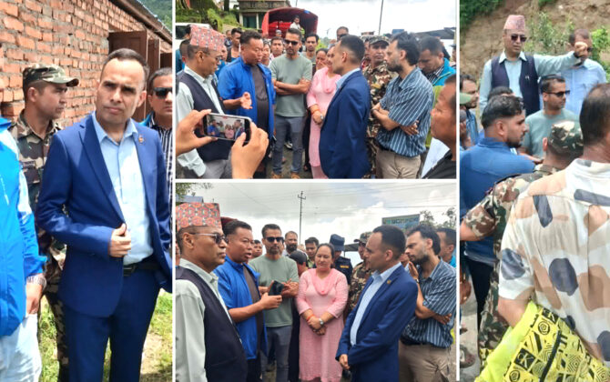 पीडितहरूको अवस्था बुझ्न नुवाकोट पुगे सञ्चारमन्त्री डा. विक्रम तिमिल्सिना